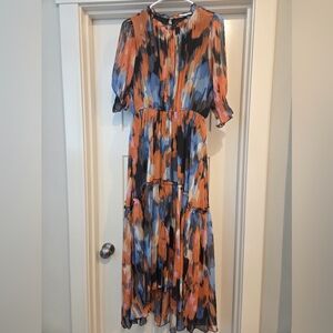 MELLODAY Brushstroke Tiered Maxi Dress in Orange, Blue & Black